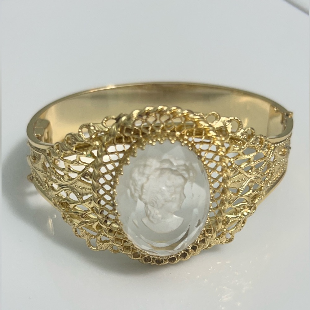 Vintage Whiting Davis Mesh Bag Intaglio Cameo Glass Gold Bracelet Grannycore